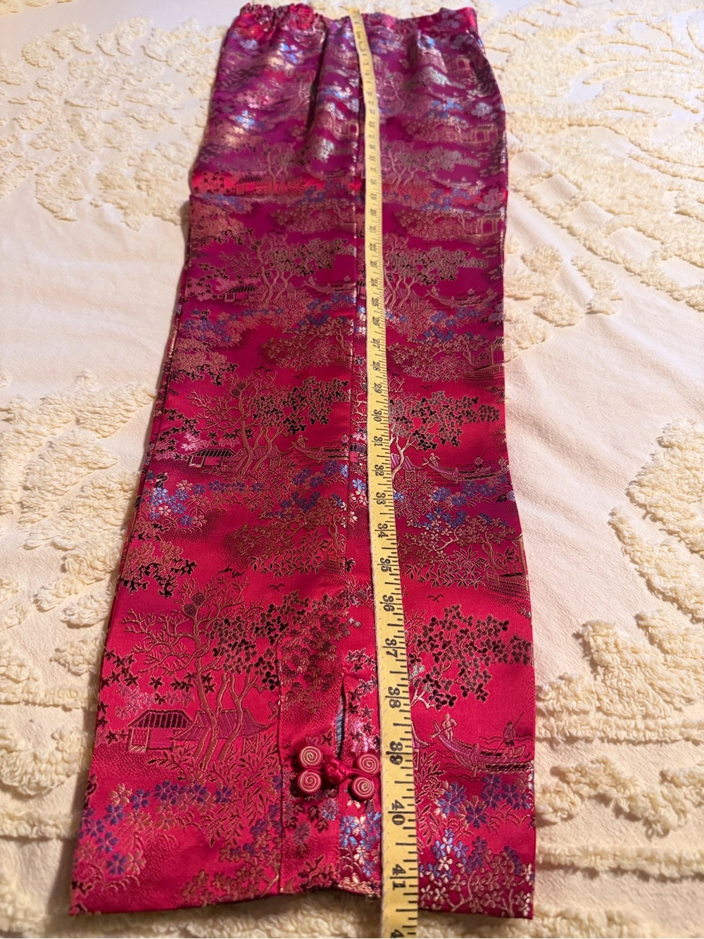 Red Satin Mandarin Collar Pant Set - Asian-Inspired Women's Pantsuit - Picture 6 of 8